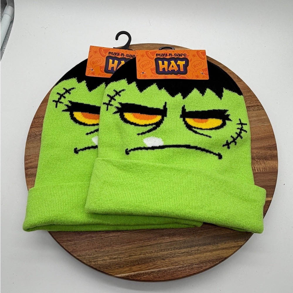 2 Pack Play-n-Safe Frankenstein Beanie Hat Neon Green Halloween Monster Cap 2585